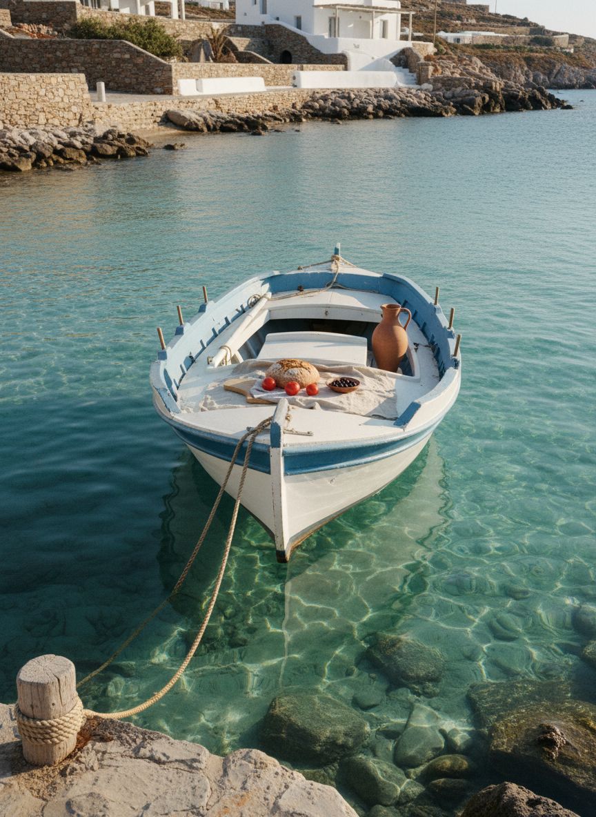 A white and faded blue wooden boat in clear water, with bread, tomatoes and a clay jug on deck