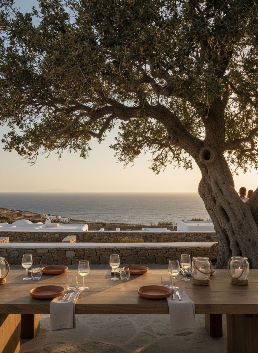 A long olive wood table set under an old olive tree with the sun going down over the sea