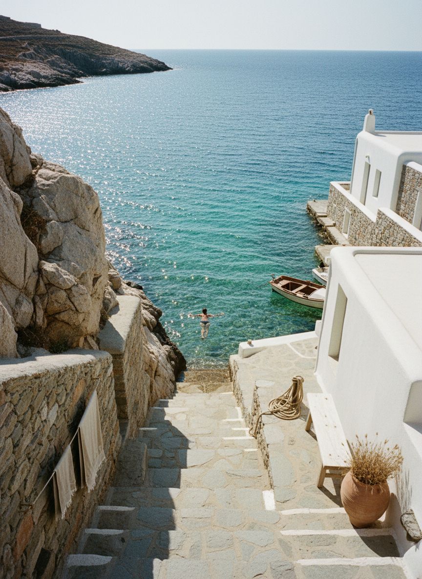 A swimmer far below in clear water at the foot of stone steps, bright morning sun