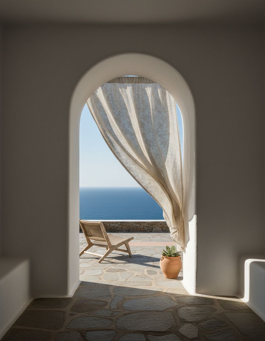 A linen curtain lifting in a limewashed doorway that opens onto the sea