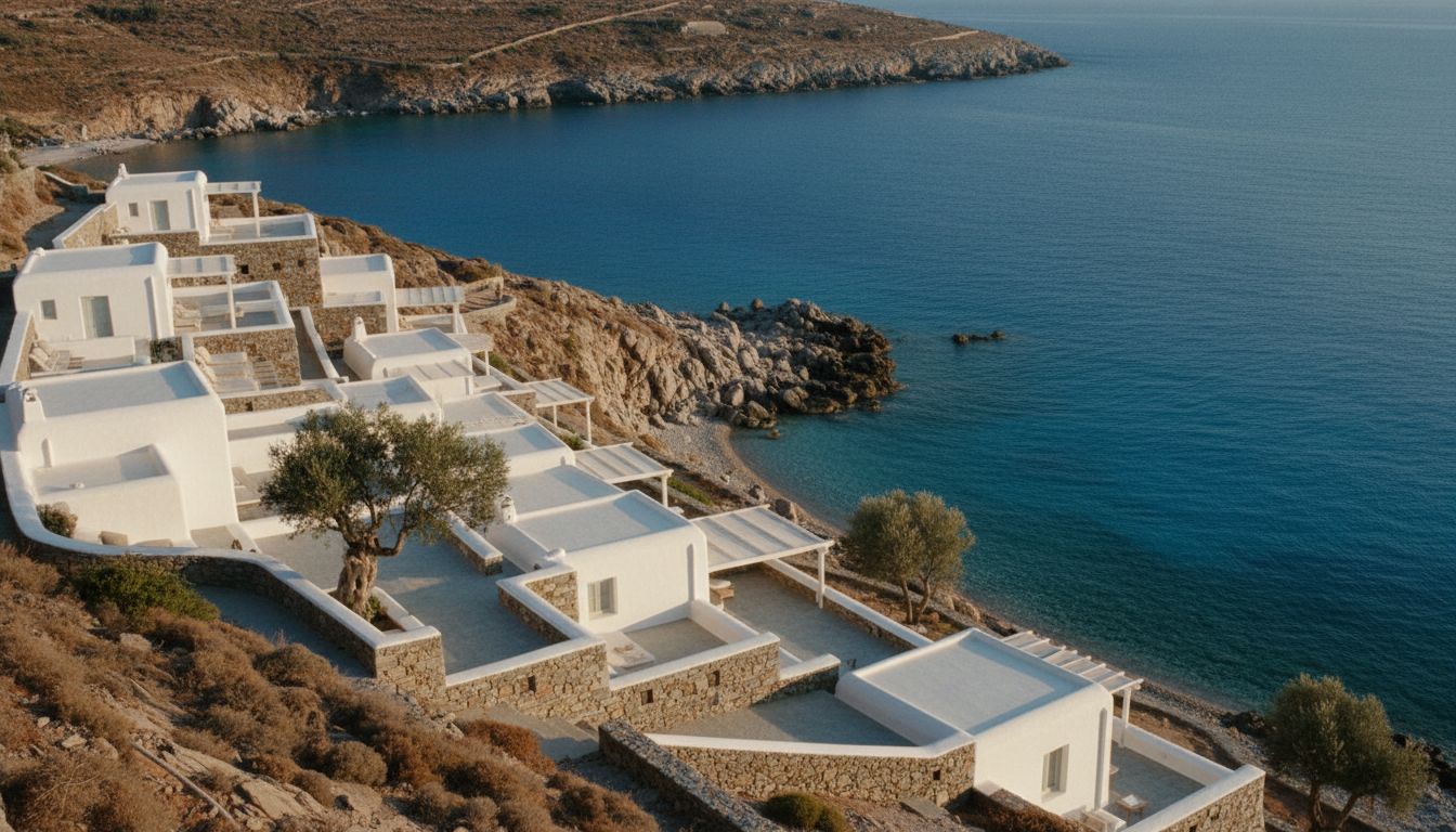 Mera’s twelve limewashed suites stepping down the cliff above a small bay on the north coast of Sifnos, late afternoon