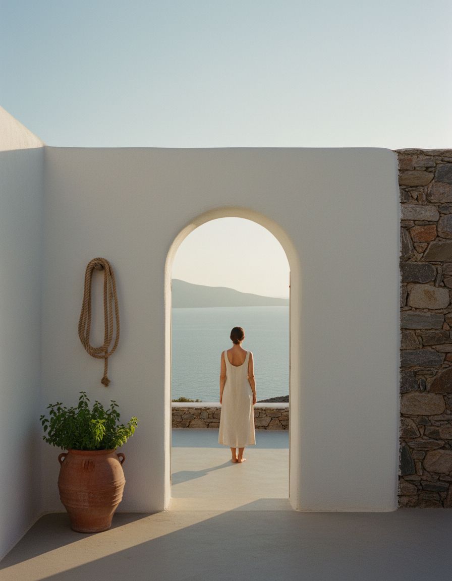 Eleni standing in an arched limewashed doorway, looking out at the bay at golden hour