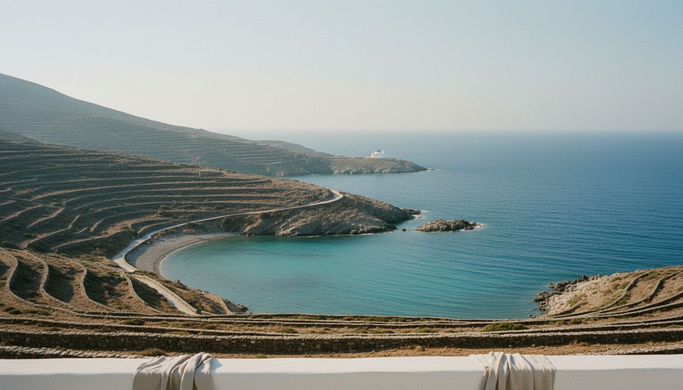 Terraced hillsides of north Sifnos with dry stone walls, a white chapel on the far headland and a turquoise bay below