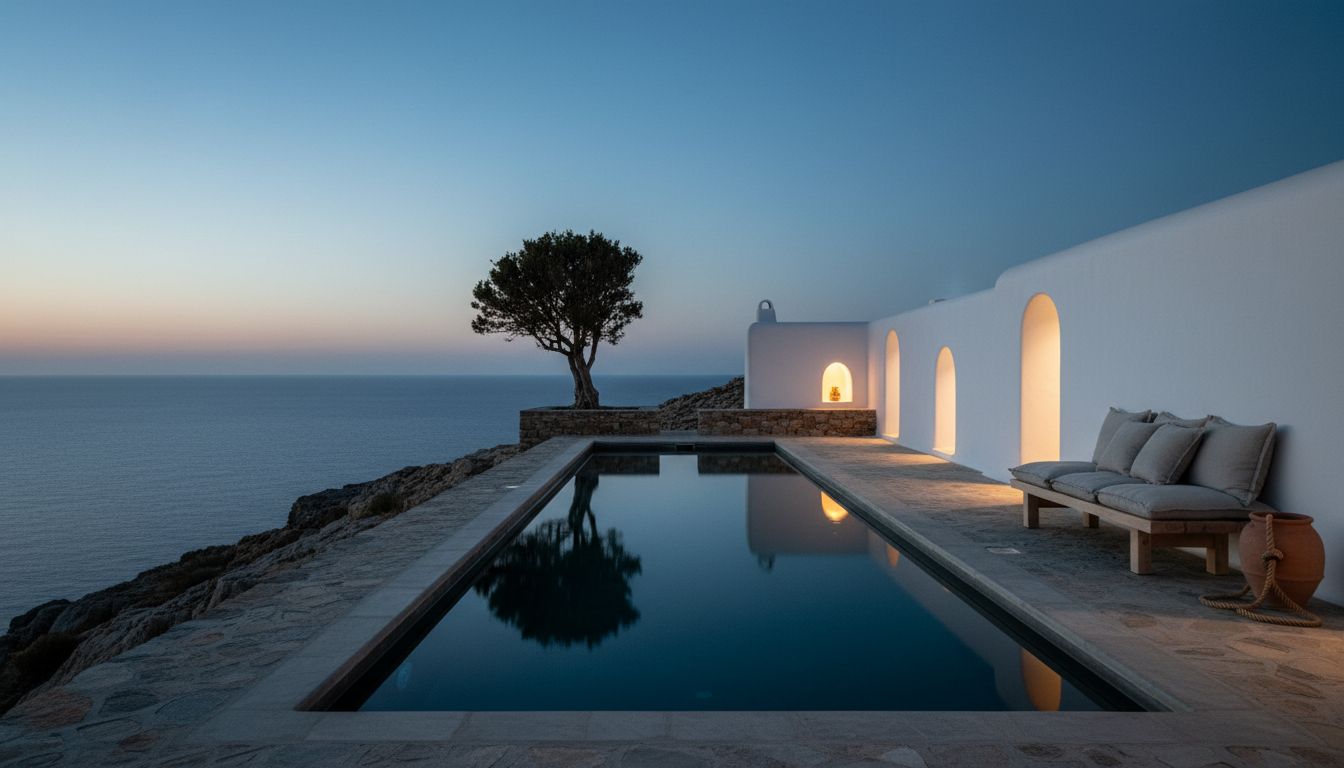 The sea-water pool at blue hour, lamps glowing in arched niches of a limewashed wall