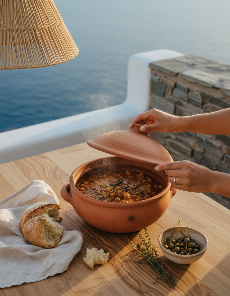 Hands lifting the lid of a clay pot of slow-baked chickpeas on an olive wood table