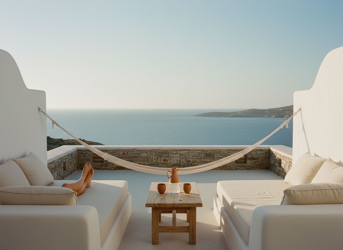 A Cliff Suite terrace with two built-in daybeds, a hammock and a low stone wall above the sea