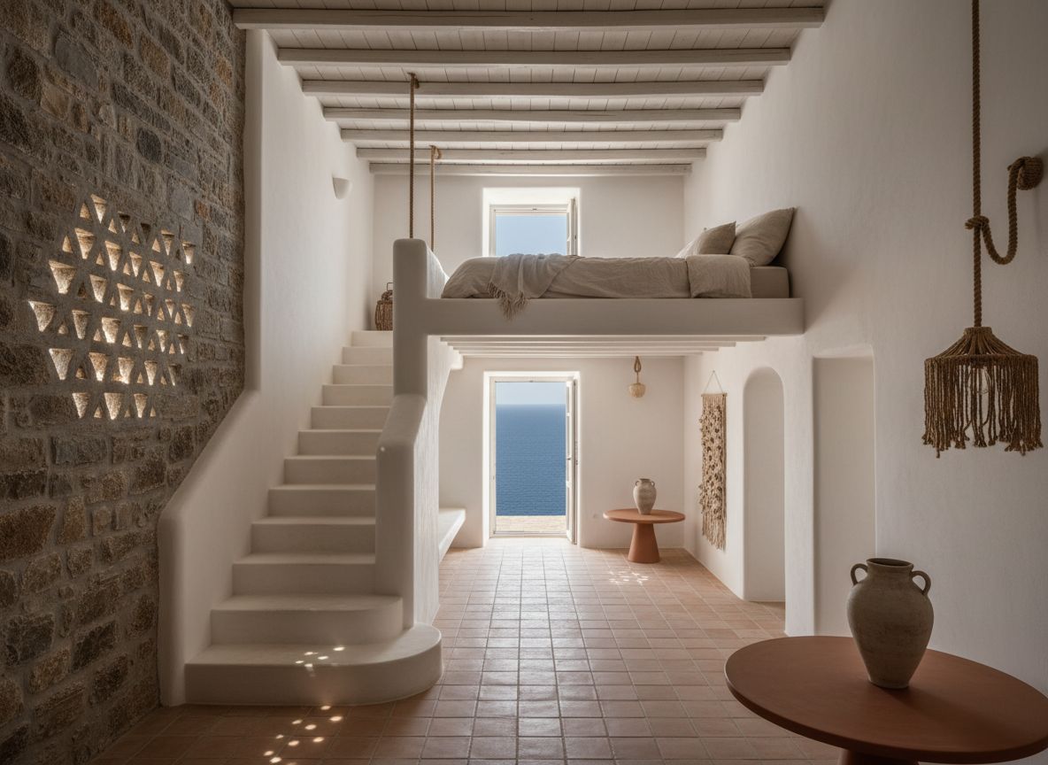 A two-level Dovecote Suite with a stone lattice wall, a plaster stair and a sleeping loft