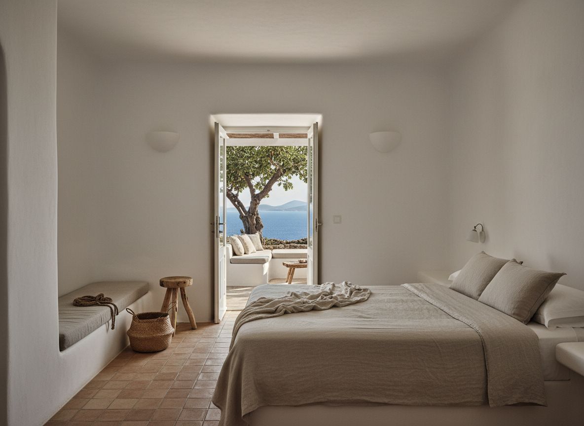 A Fig Suite with a low linen bed, terracotta floor and double doors open to a fig tree and the sea