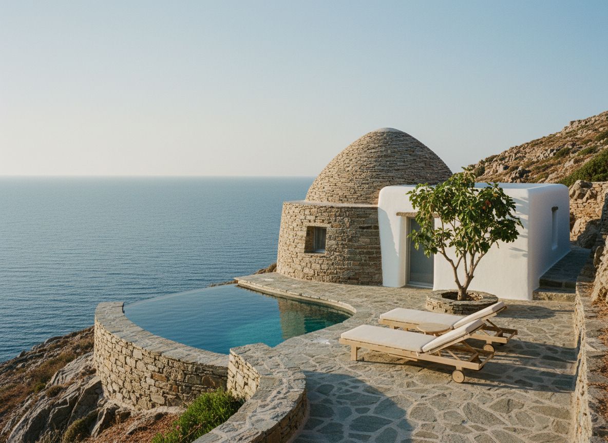 The Kiln, a stone dome house on the cliff with a sea-water plunge pool and two loungers