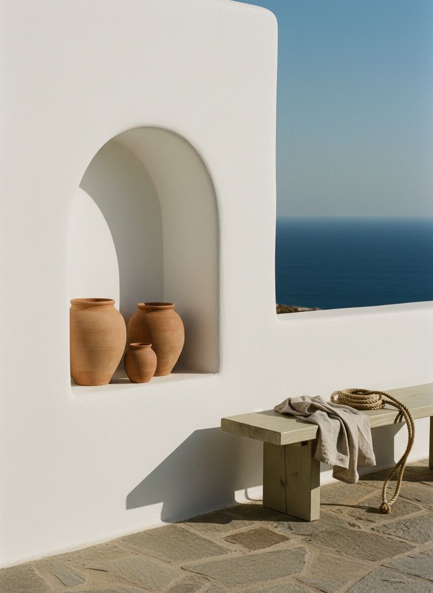 Three terracotta pots in a limewashed niche beside an olive wood bench, linen towel and coiled rope